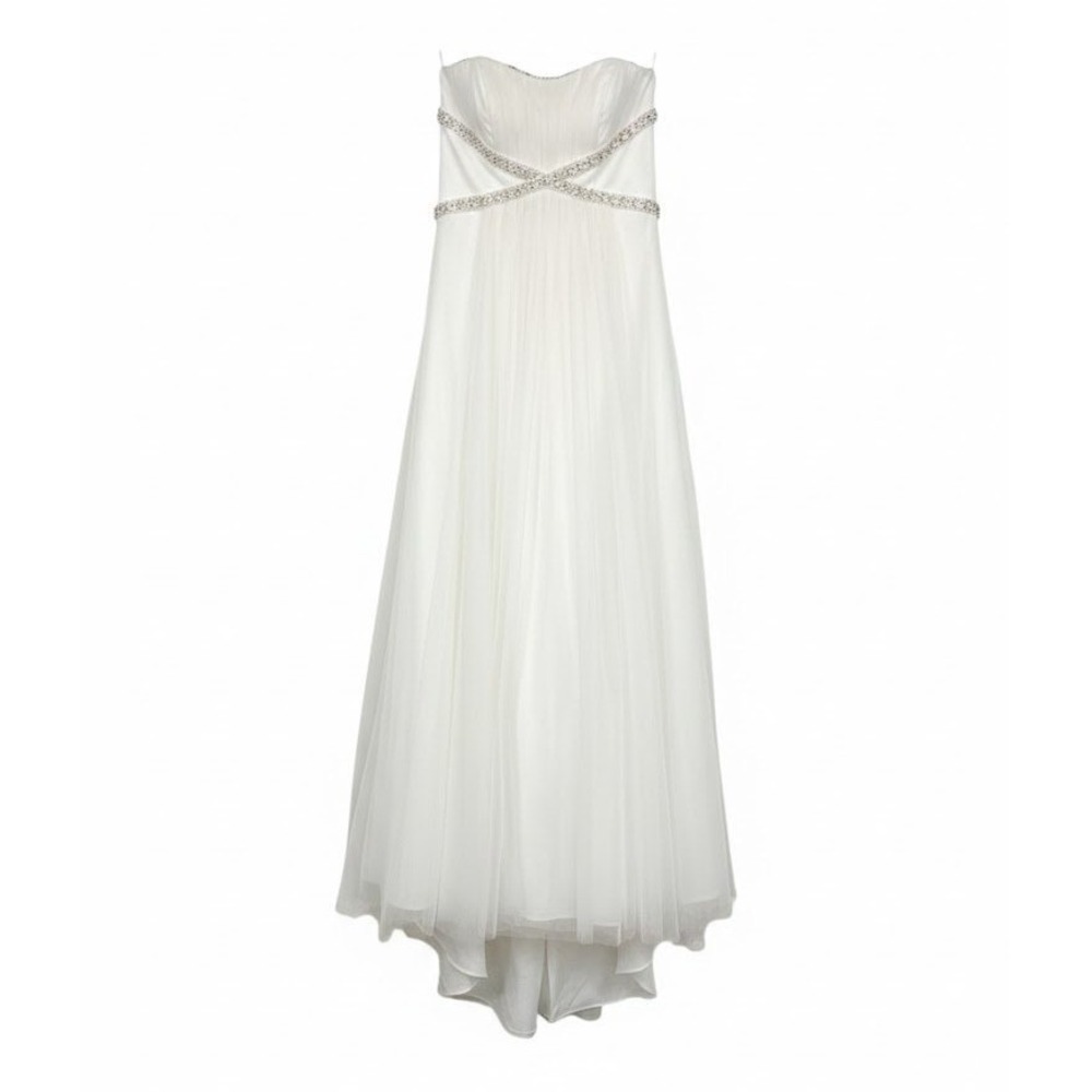 Davids Bridal Ivory Strapless Tulle Wedding Gown Size 8 Embellished Waist Beaded